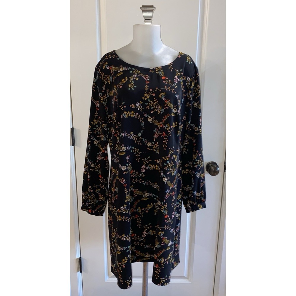 Loft Ann Taylor Black Floral‎ Long Sleeve Tunic Shift Dress Size 16 Plus Boho